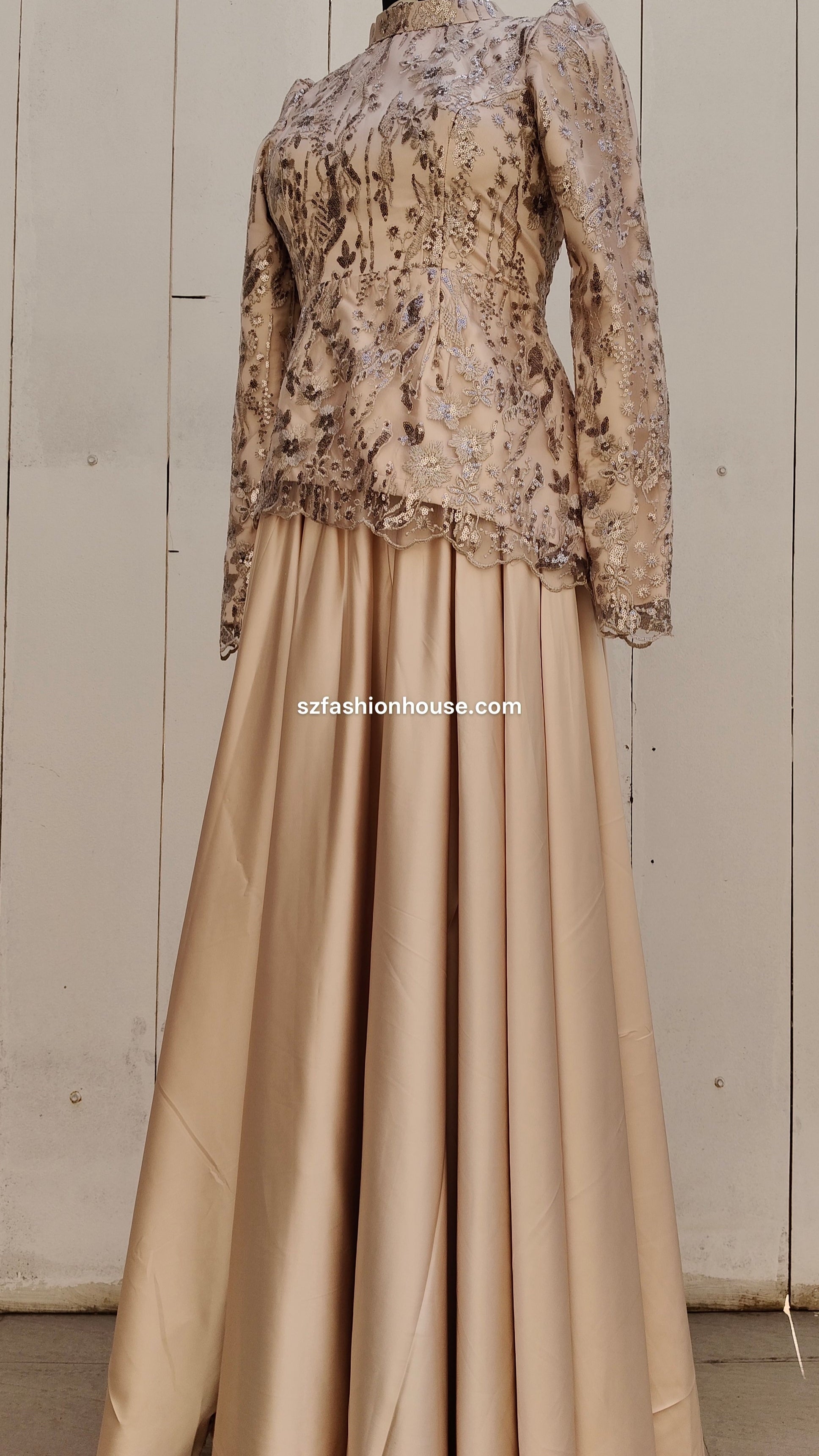 Beige dress with floral lace top 