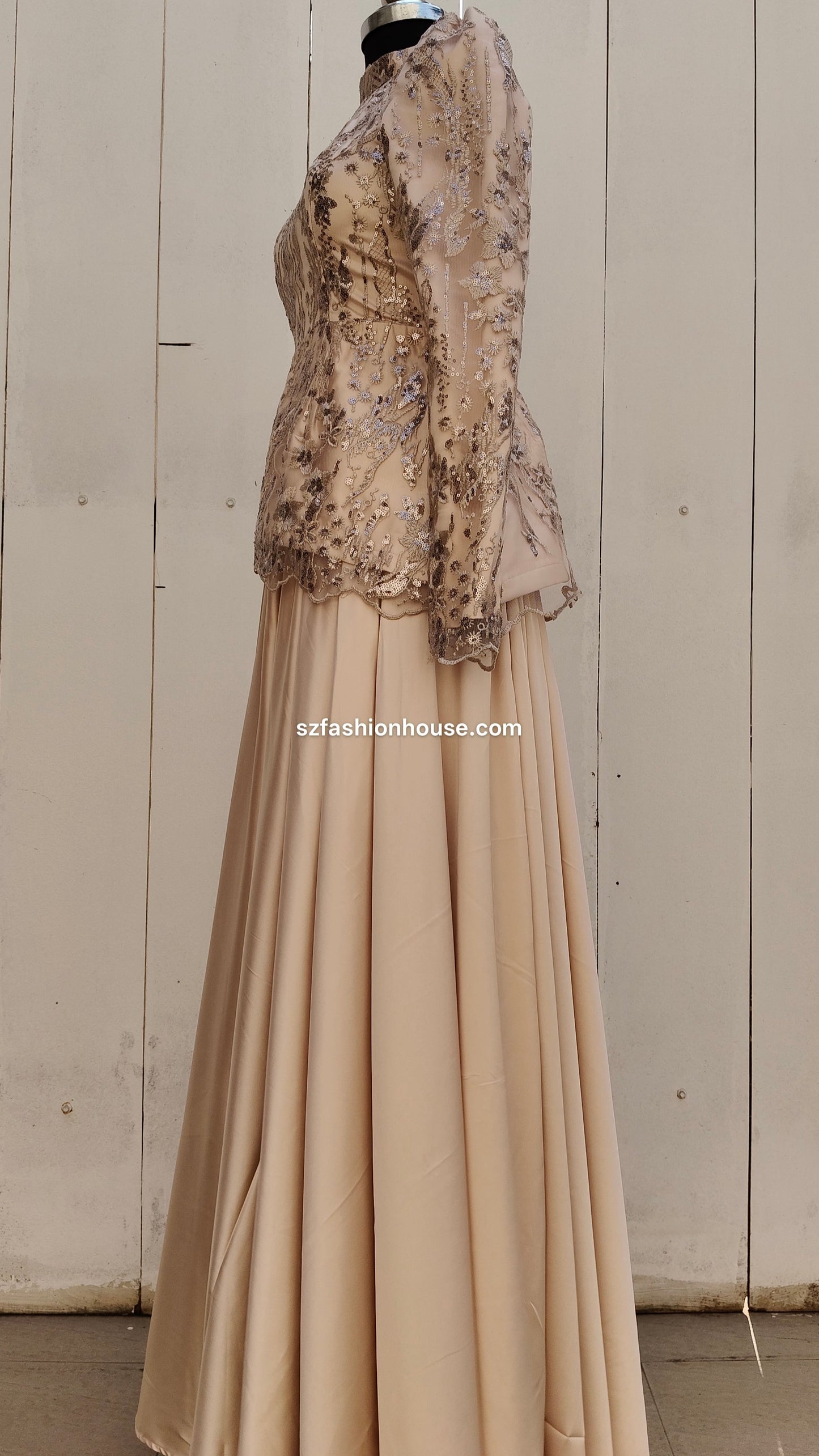 Beige evening gown with floral lace top 