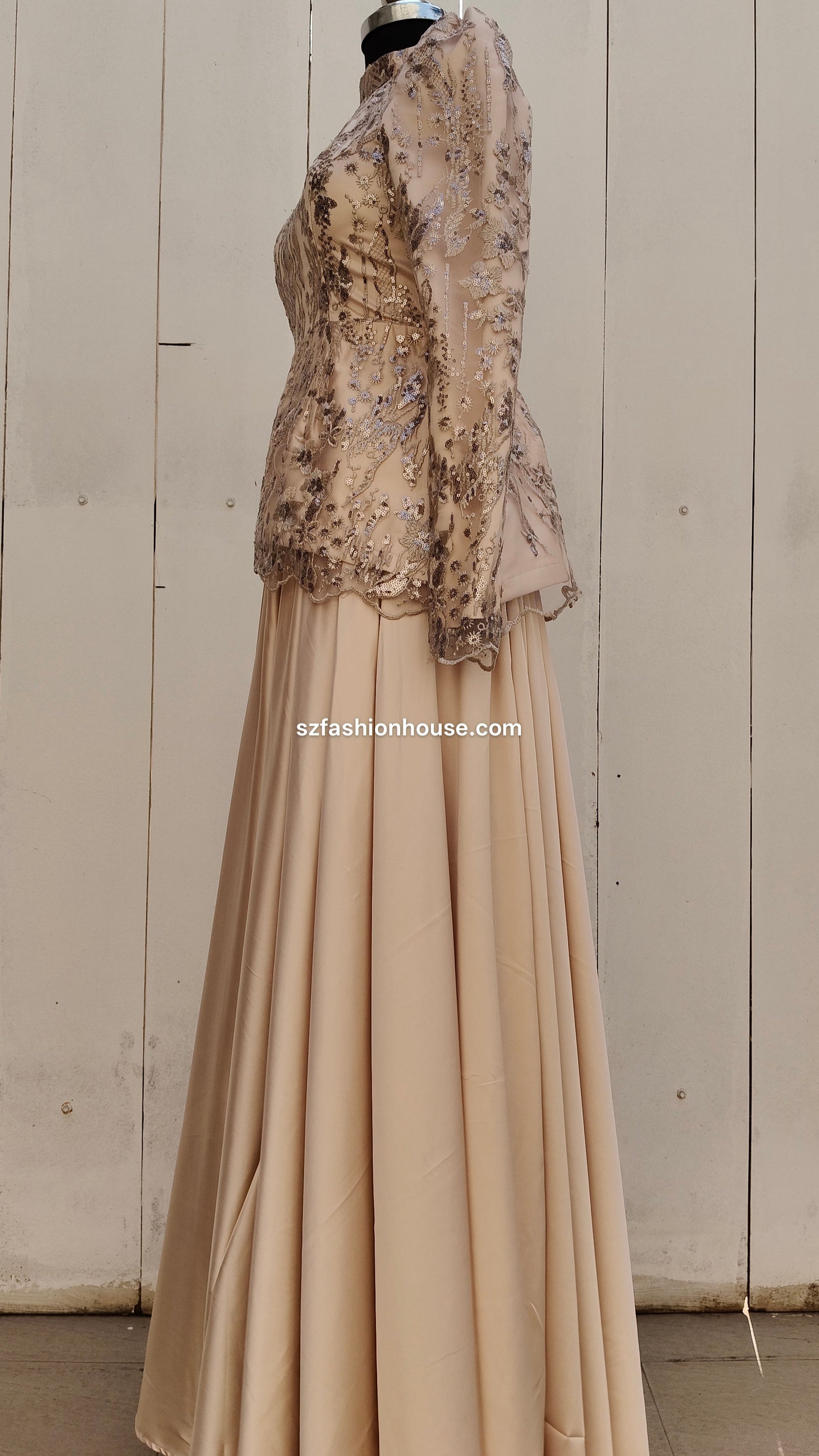 Beige evening gown with floral lace top 