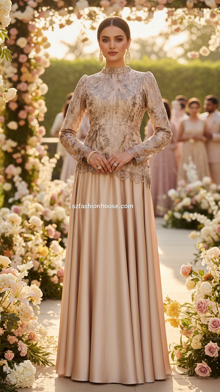Woman in a formal gown standing in a decorated outdoor setting with flowers and people in the background.  traditional outfit with floral top and beige skirt 