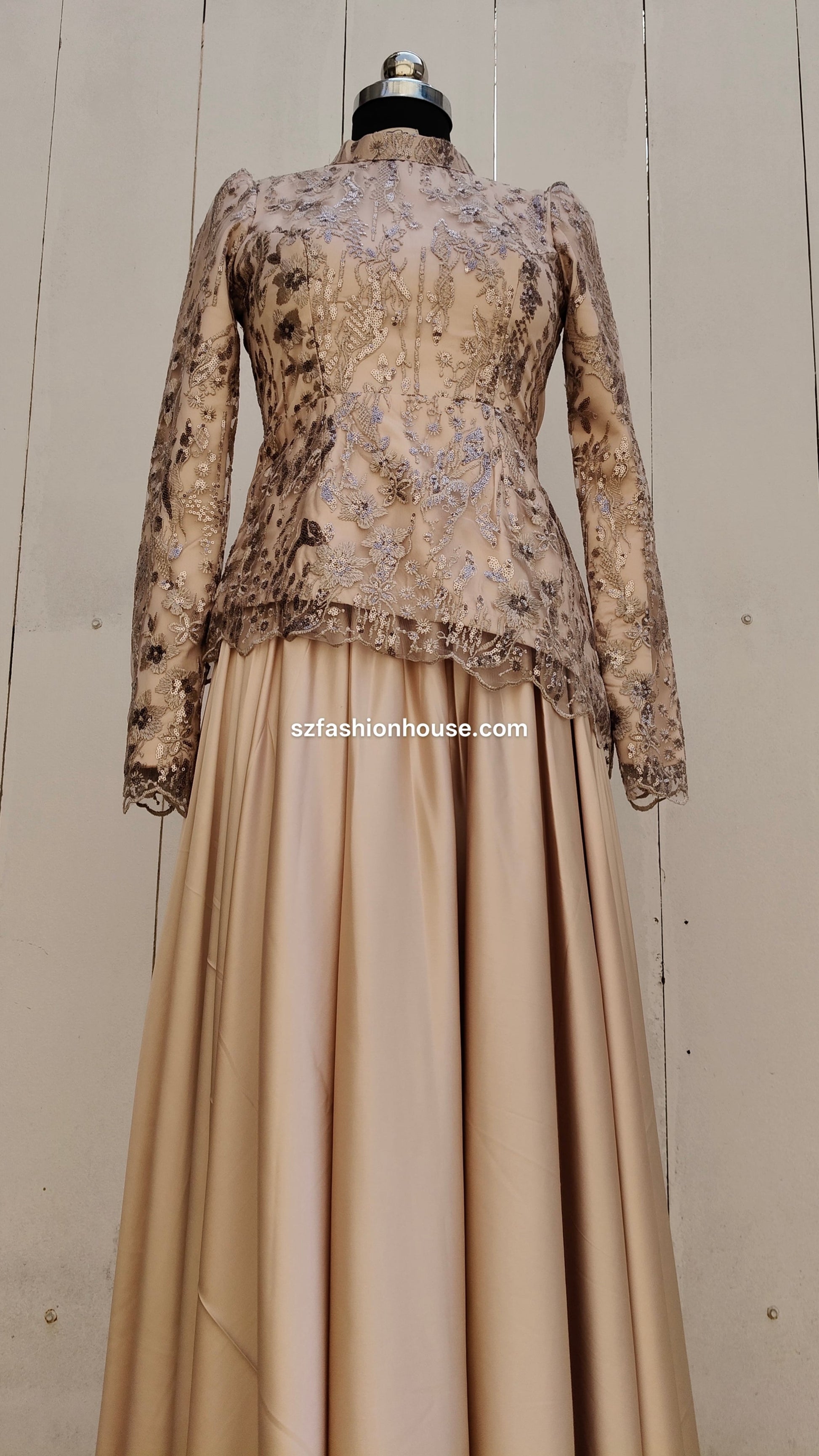 Vintage-style dress with floral lace top and beige skirt 