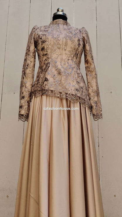 Vintage-style dress with floral lace top and beige skirt 
