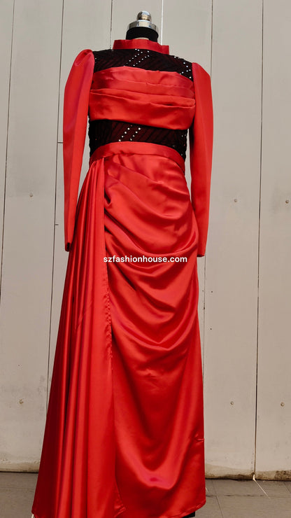 Red evening gown with black sequin details 