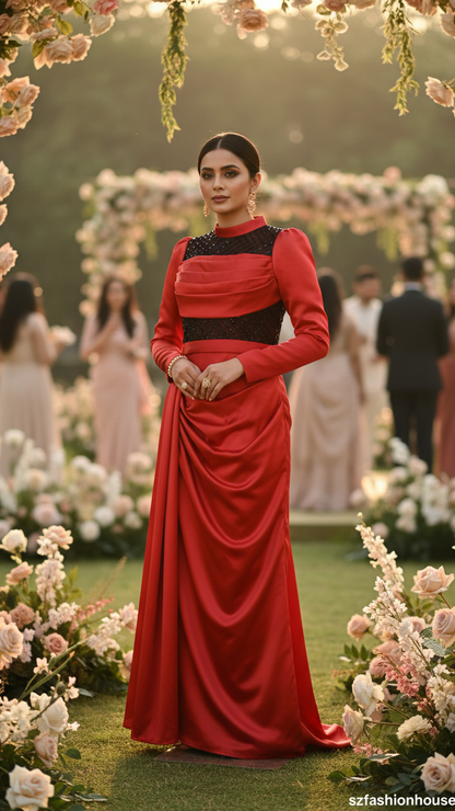 Woman in a red dress standing in a floral garden with decorative arches.Red evening gown with black sequin details 