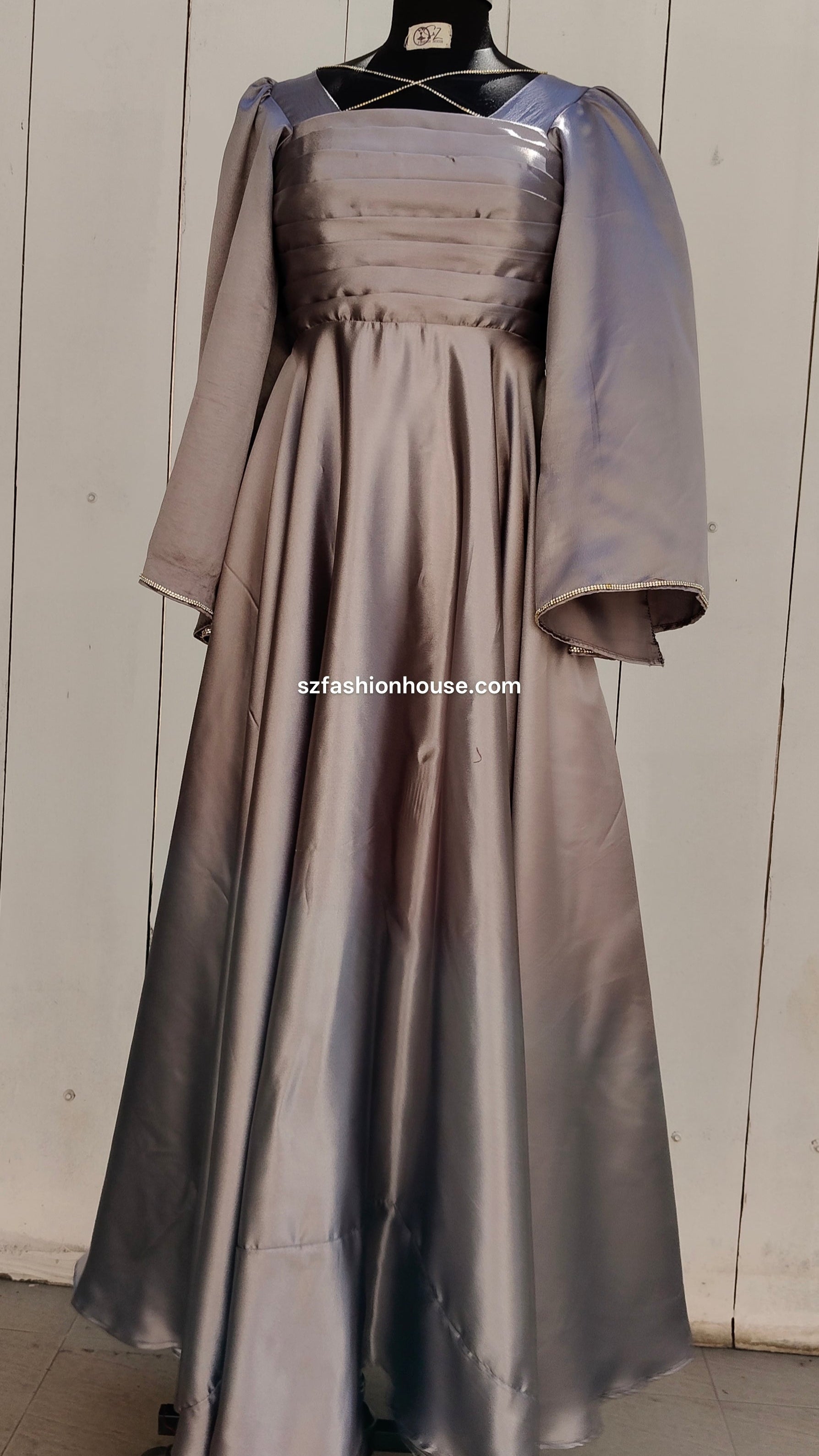 grey satin gown, designer grey gown, elegant party wear gown, satin flare gown, evening gown for women, long designer dress India, luxury satin gown, S&Z Fashion House gown, formal wear gown for women