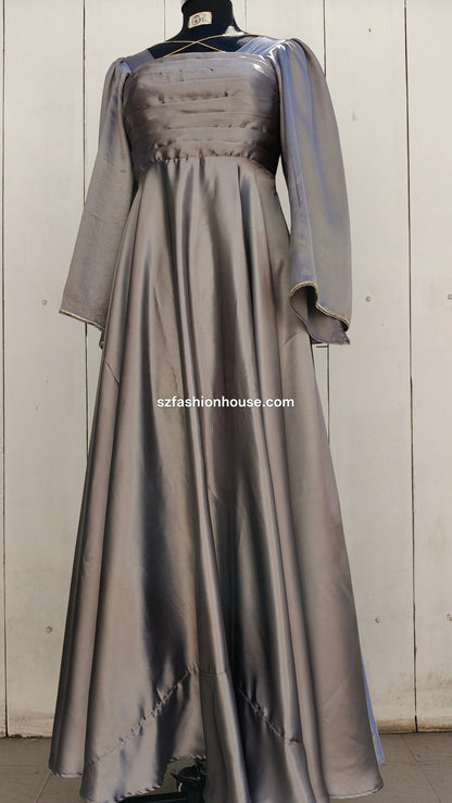 grey satin gown, designer grey gown, elegant party wear gown, satin flare gown, evening gown for women, long designer dress India, luxury satin gown, S&Z Fashion House gown, formal wear gown for women