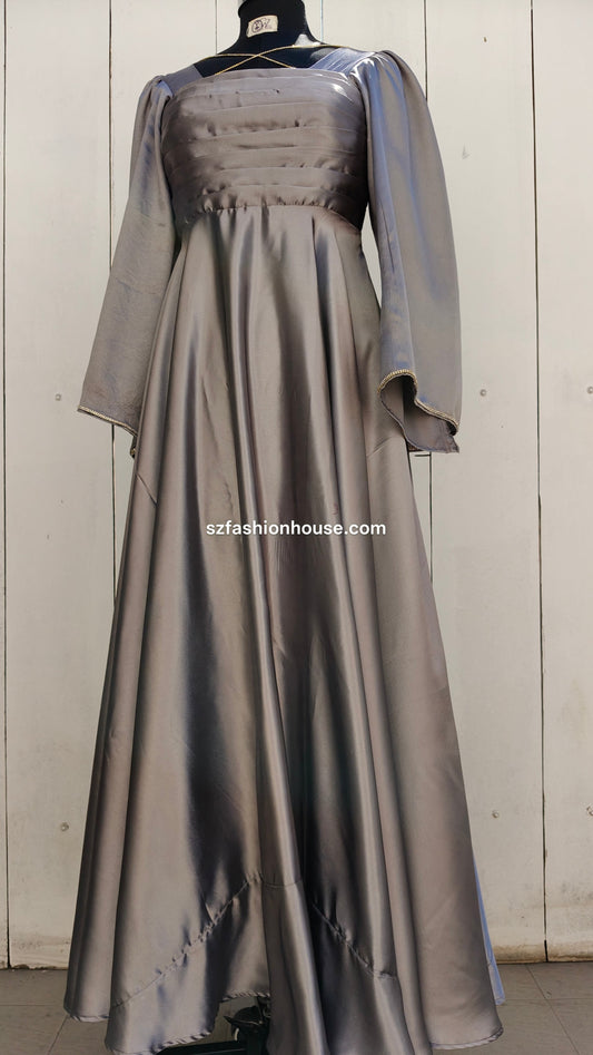 grey satin gown, designer grey gown, elegant party wear gown, satin flare gown, evening gown for women, long designer dress India, luxury satin gown, S&Z Fashion House gown, formal wear gown for women