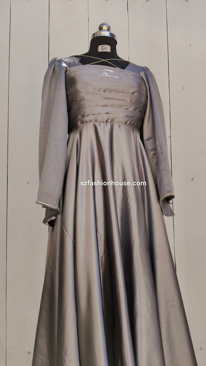 grey satin gown, designer grey gown, elegant party wear gown, satin flare gown, evening gown for women, long designer dress India, luxury satin gown, S&Z Fashion House gown, formal wear gown for women