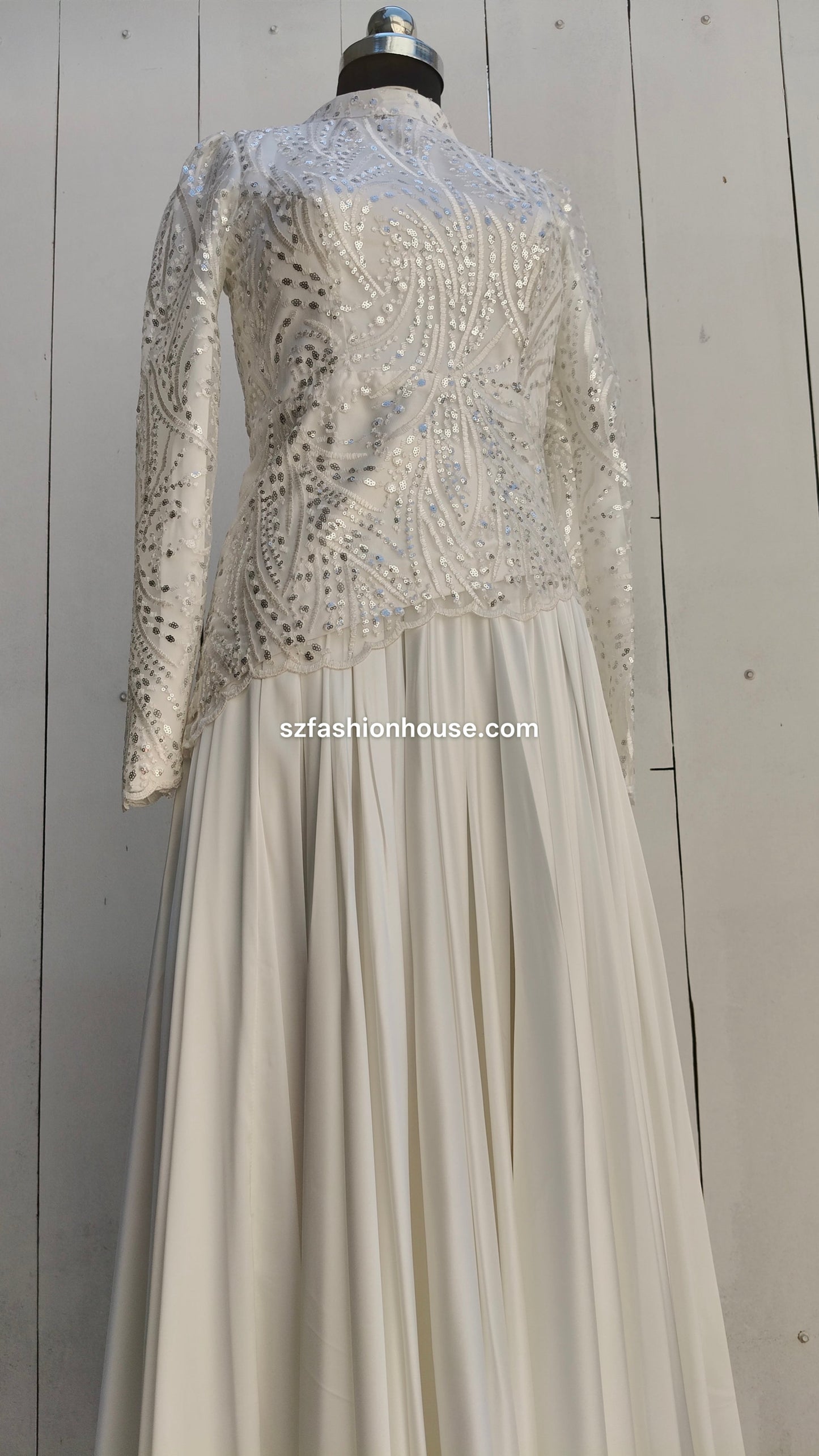 Elegant silver beaded top and white skirt, perfect for wedding and receptions
