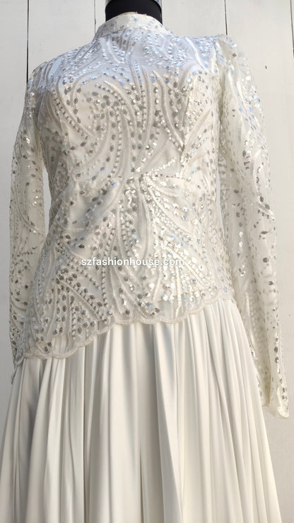 Elegant white dress with intricate beading , sequeince work, chinese collar