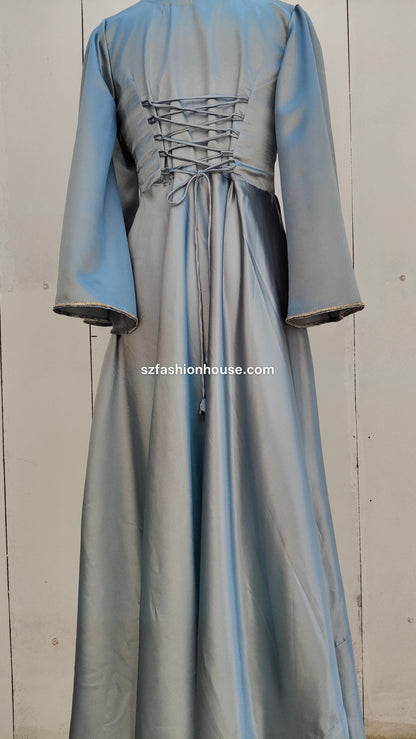light silver designer gown, satin party wear gown, elegant silver gown for women, long sleeve designer dress, reception gown for women, wedding guest gown, luxury satin gown India, flared evening gown, modest designer gown, premium party wear dress, S&Z Fashion House gown, stylish silver maxi gown, engagement wear gown, women’s designer gown online India,
online shopping, muslim, islam, christian, full cover