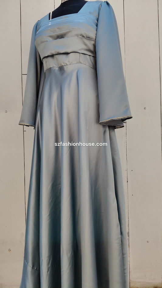 light silver designer gown, satin party wear gown, elegant silver gown for women, long sleeve designer dress, reception gown for women, wedding guest gown, luxury satin gown India, flared evening gown, modest designer gown, premium party wear dress, S&Z Fashion House gown, stylish silver maxi gown, engagement wear gown, women’s designer gown online India,
online shopping, muslim, islam, christian, full cover