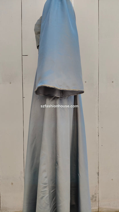 light silver designer gown, satin party wear gown, elegant silver gown for women, long sleeve designer dress, reception gown for women, wedding guest gown, luxury satin gown India, flared evening gown, modest designer gown, premium party wear dress, S&Z Fashion House gown, stylish silver maxi gown, engagement wear gown, women’s designer gown online India,
online shopping, muslim, islam, christian, full cover