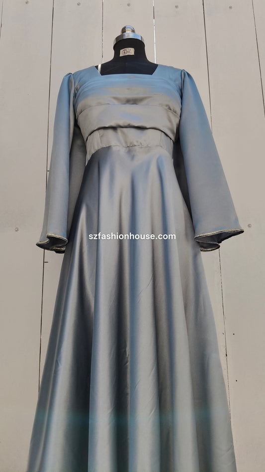 light silver designer gown, satin party wear gown, elegant silver gown for women, long sleeve designer dress, reception gown for women, wedding guest gown, luxury satin gown India, flared evening gown, modest designer gown, premium party wear dress, S&Z Fashion House gown, stylish silver maxi gown, engagement wear gown, women’s designer gown online India,
online shopping, muslim, islam, christian, full cover