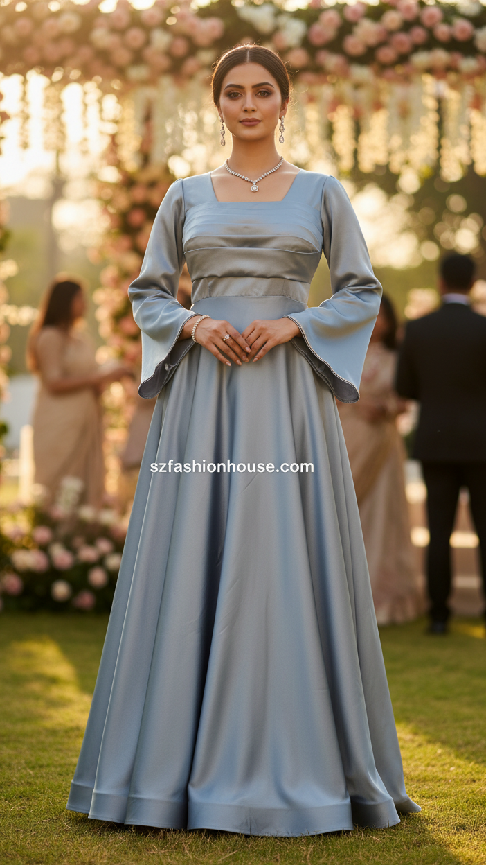 light silver designer gown, satin party wear gown, elegant silver gown for women, long sleeve designer dress, reception gown for women, wedding guest gown, luxury satin gown India, flared evening gown, modest designer gown, premium party wear dress, S&Z Fashion House gown, stylish silver maxi gown, engagement wear gown, women’s designer gown online India,
online shopping, muslim, islam, christian, full cover