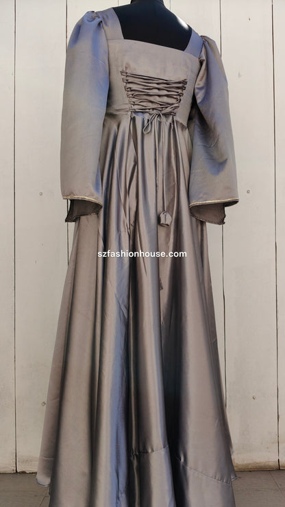 grey satin gown, designer grey gown, elegant party wear gown, satin flare gown, evening gown for women, long designer dress India, luxury satin gown, S&Z Fashion House gown, formal wear gown for women
