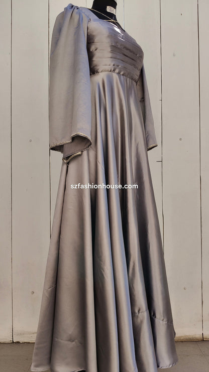 grey satin gown, designer grey gown, elegant party wear gown, satin flare gown, evening gown for women, long designer dress India, luxury satin gown, S&Z Fashion House gown, formal wear gown for women