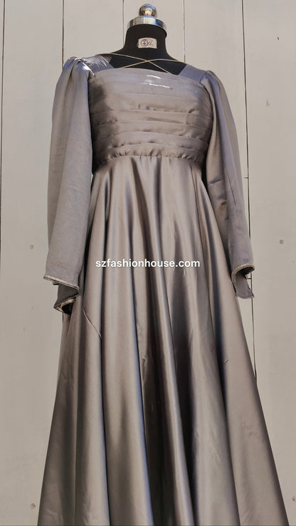 grey satin gown, designer grey gown, elegant party wear gown, satin flare gown, evening gown for women, long designer dress India, luxury satin gown, S&Z Fashion House gown, formal wear gown for women