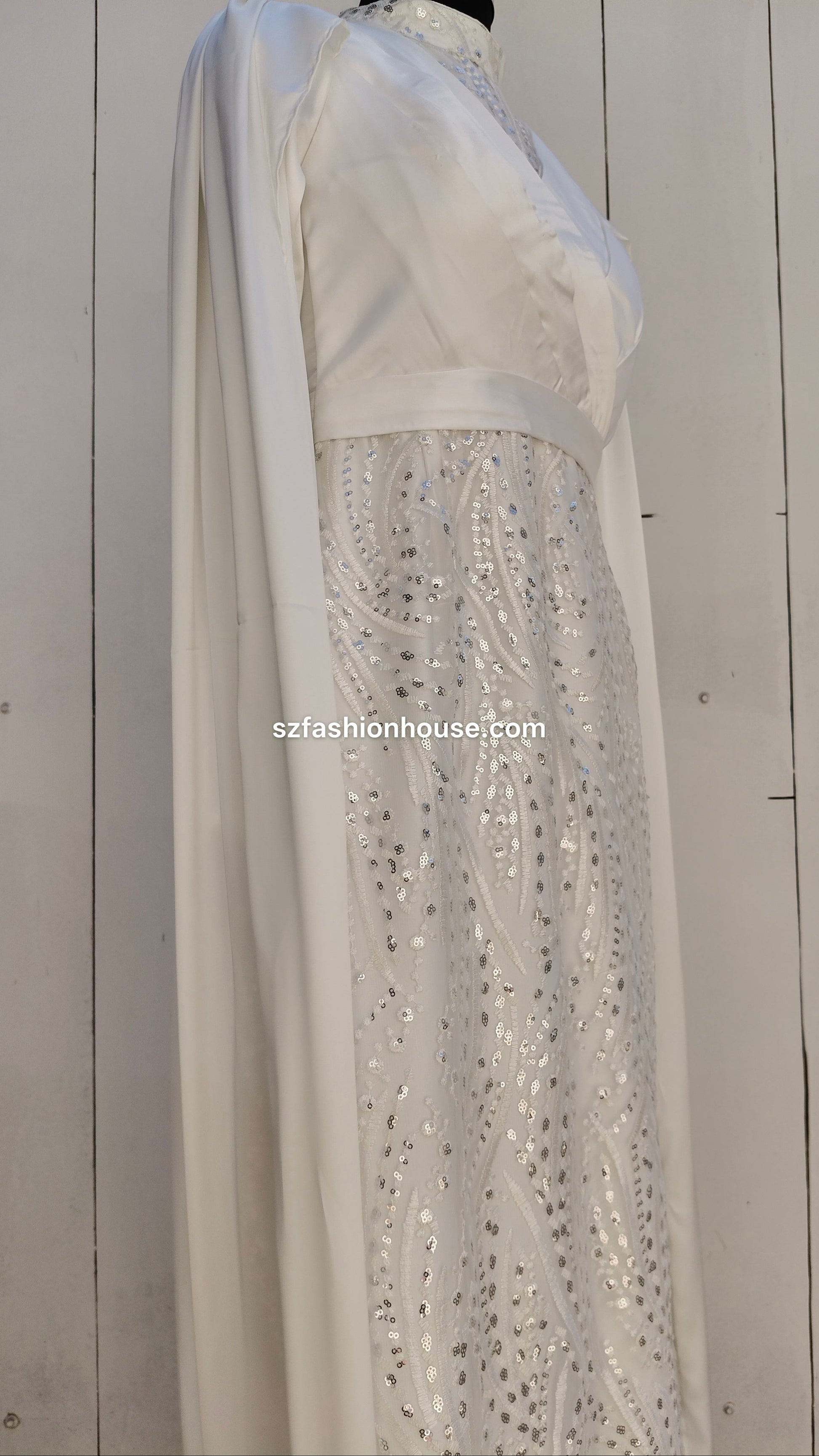 White saree , wedding white gown, long sleeves, medium size, customizable, white sequin gown, designer white gown India, party wear gown for women, luxury evening gown, sequin long gown, elegant white dress, reception gown India, S&Z Fashion House gown