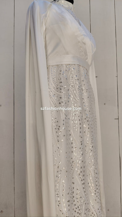 White saree , wedding white gown, long sleeves, medium size, customizable, white sequin gown, designer white gown India, party wear gown for women, luxury evening gown, sequin long gown, elegant white dress, reception gown India, S&Z Fashion House gown