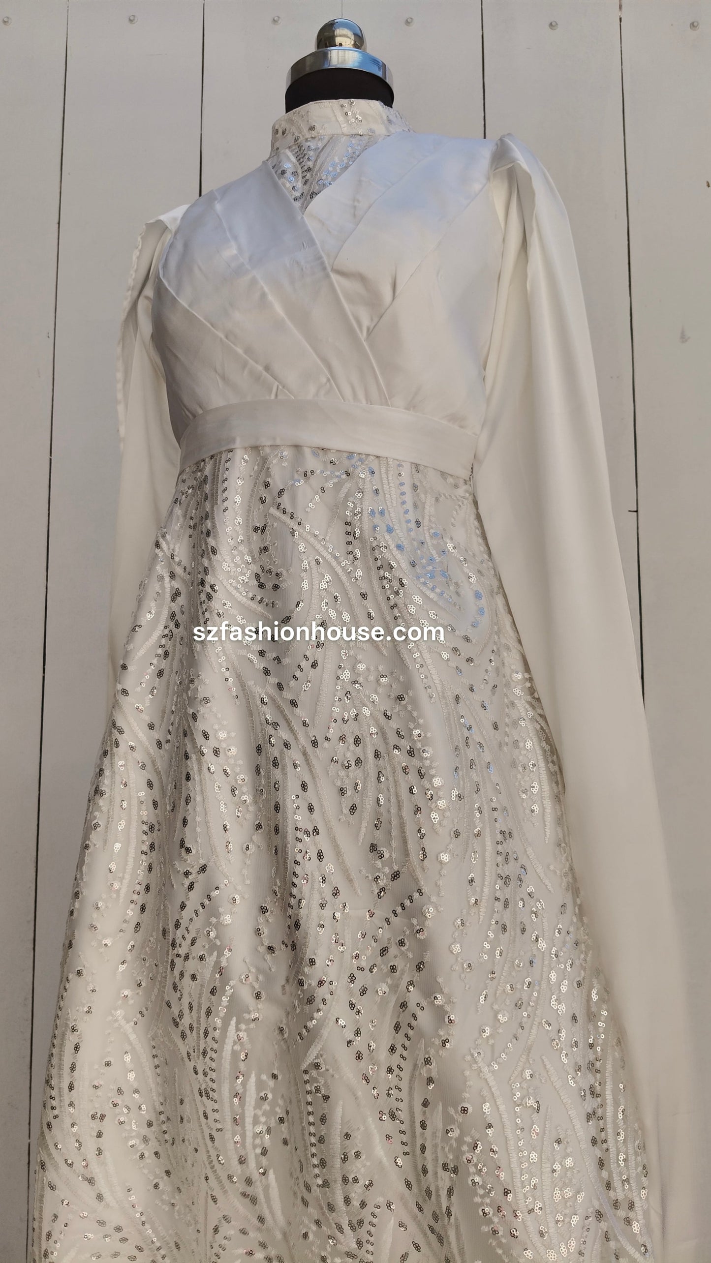 Elegant dress with sheer overlay , wedding white gown, long sleeves, medium size, customizable