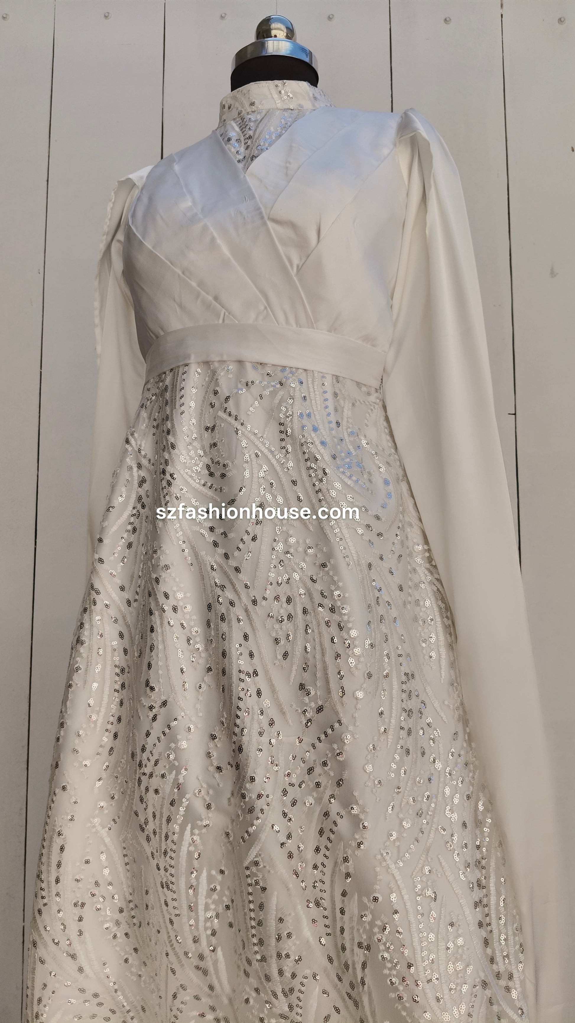 Elegant dress with sheer overlay , wedding white gown, long sleeves, medium size, customizable
