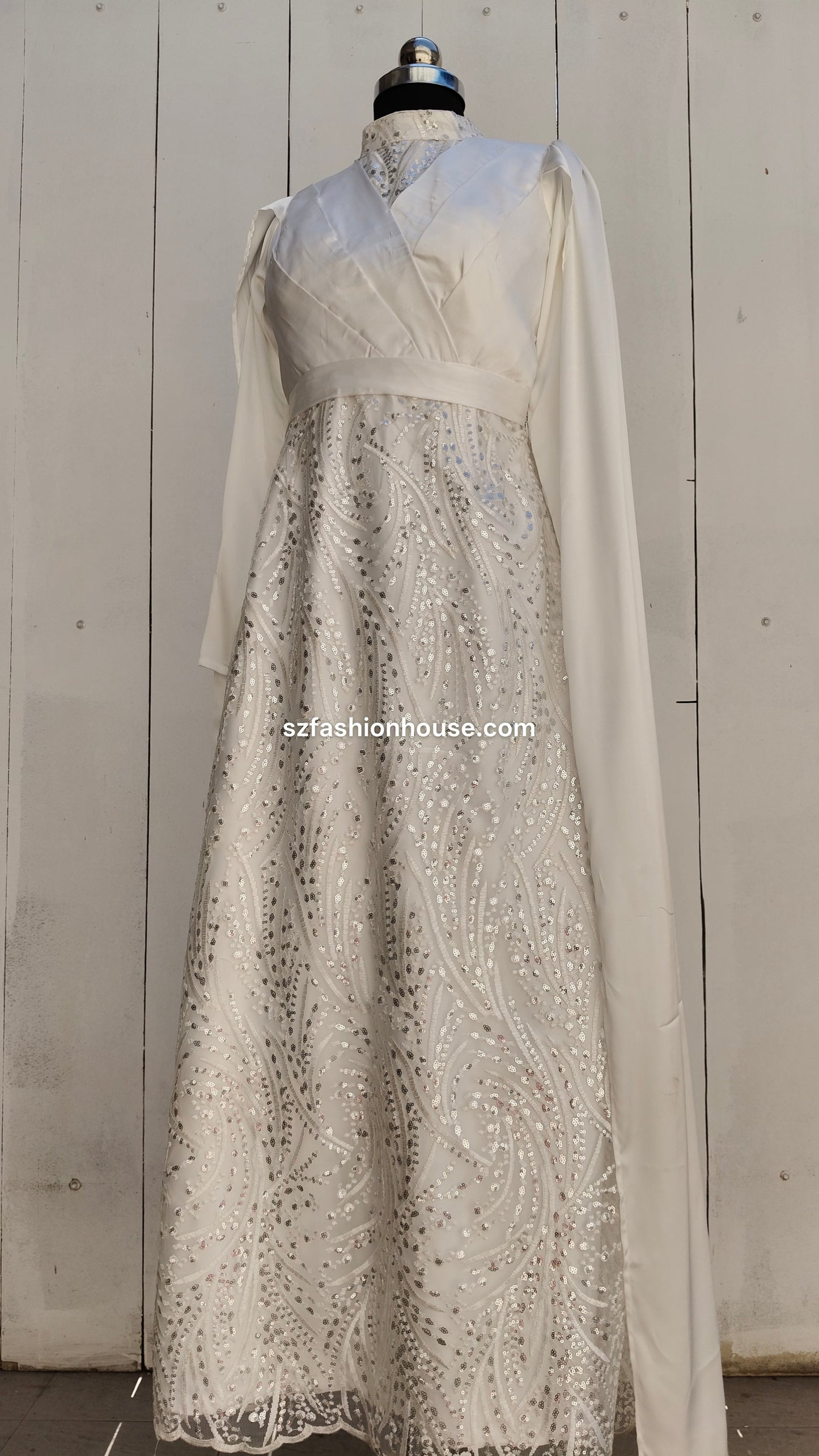 Elegant white lace dress , wedding gown, white sequence heavy work, chinese collar, wedding white gown, long sleeves, medium size, customizable, white sequin gown, designer white gown India, party wear gown for women, luxury evening gown, sequin long gown, elegant white dress, reception gown India, S&Z Fashion House gown