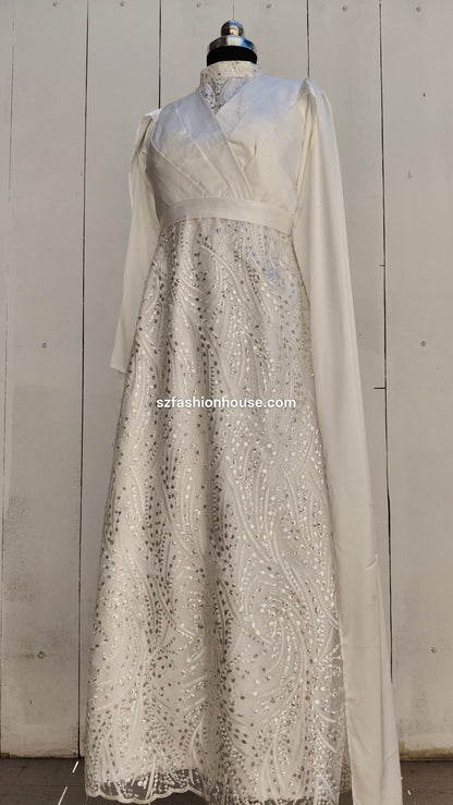 Elegant white lace dress , wedding gown, white sequence heavy work, chinese collar, wedding white gown, long sleeves, medium size, customizable, white sequin gown, designer white gown India, party wear gown for women, luxury evening gown, sequin long gown, elegant white dress, reception gown India, S&Z Fashion House gown