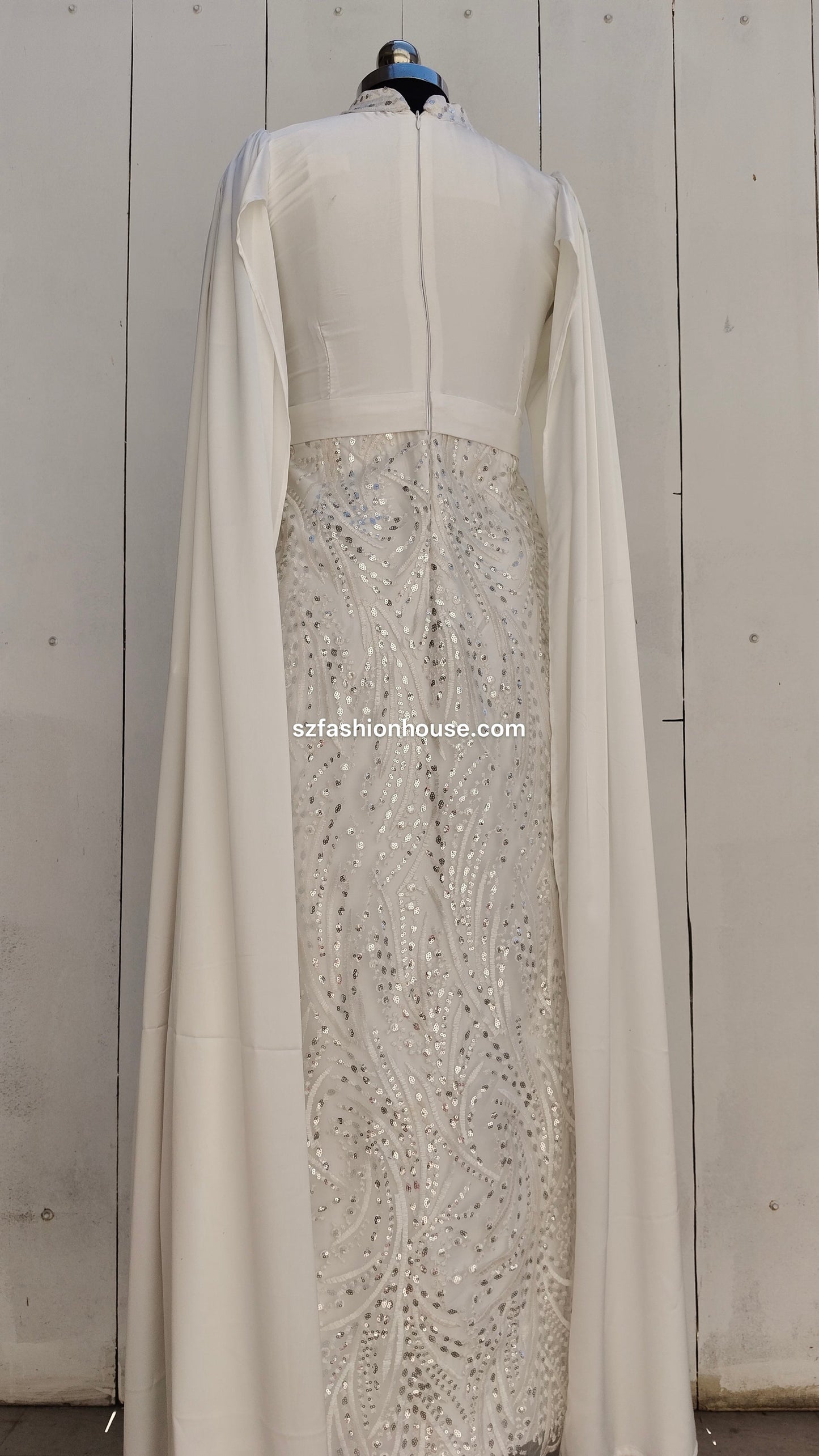 Long, elegant dress with a cape , gown, white dress, white gown for wedding, full sleeves, arabic style