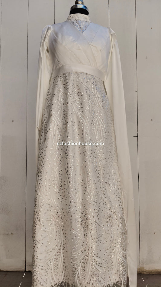 Elegant white lace dress, wedding white gown, long sleeves, medium size, customizable, white sequin gown, designer white gown India, party wear gown for women, luxury evening gown, sequin long gown, elegant white dress, reception gown India, S&Z Fashion House gown