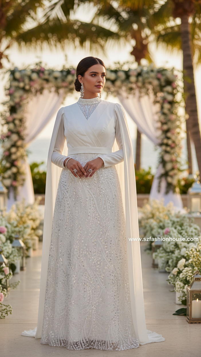 Elegant white lace dress, wedding white gown, long sleeves, medium size, customizable, white sequin gown, designer white gown India, party wear gown for women, luxury evening gown, sequin long gown, elegant white dress, reception gown India, S&Z Fashion House gown