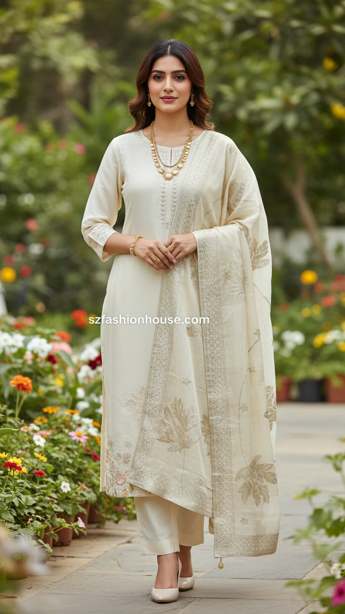 Woman in a white traditional outfit standing in a garden with flowers and plants. Beige traditional outfit with embroidered details 