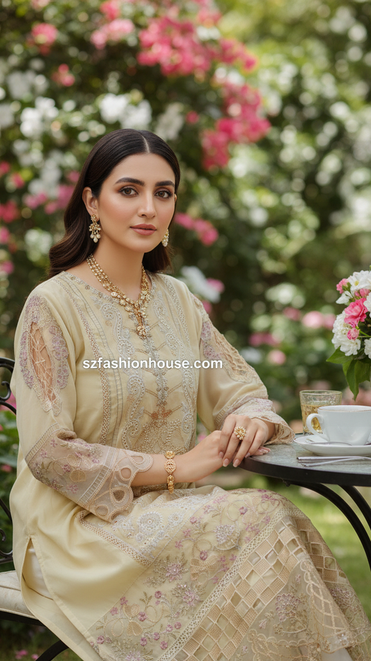 Woman in a traditional outfit sitting outdoors with flowers and a table in the background. Traditional outfit with floral patterns 