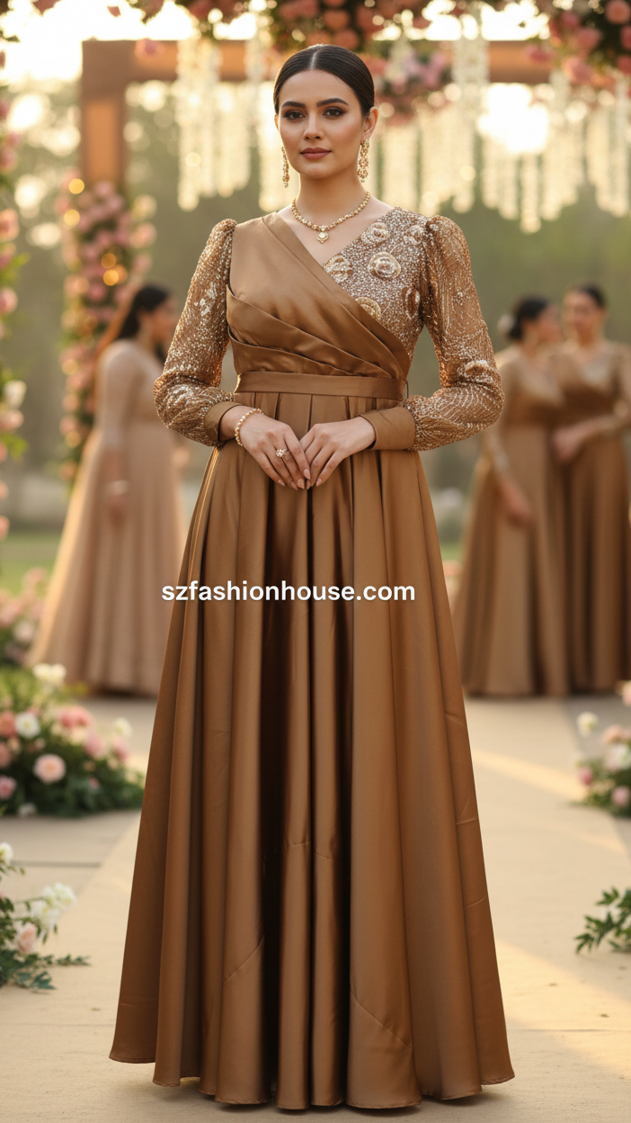 brown designer gown, satin evening gown for women, luxury party wear gown, embellished sleeve gown, elegant brown maxi dress, wedding guest gown India, reception wear gown, satin flare gown, designer long gown for women, premium evening dress, modest party wear gown, S&Z Fashion House gown, engagement party dress, stylish satin gown online India, modest gown