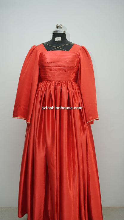 red designer gown, red satin gown, party wear gown for women, elegant red evening gown, luxury satin dress, designer gown online India, reception wear gown, engagement party dress, wedding guest gown, modest designer gown, flared satin gown, long sleeve party wear dress, premium red gown, formal evening dress, S&Z Fashion House designer gown, women's luxury gown India, modest wear, modest fashion, modest