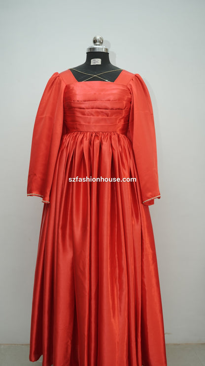 red designer gown, red satin gown, party wear gown for women, elegant red evening gown, luxury satin dress, designer gown online India, reception wear gown, engagement party dress, wedding guest gown, modest designer gown, flared satin gown, long sleeve party wear dress, premium red gown, formal evening dress, S&Z Fashion House designer gown, women's luxury gown India, modest wear, modest fashion, modest