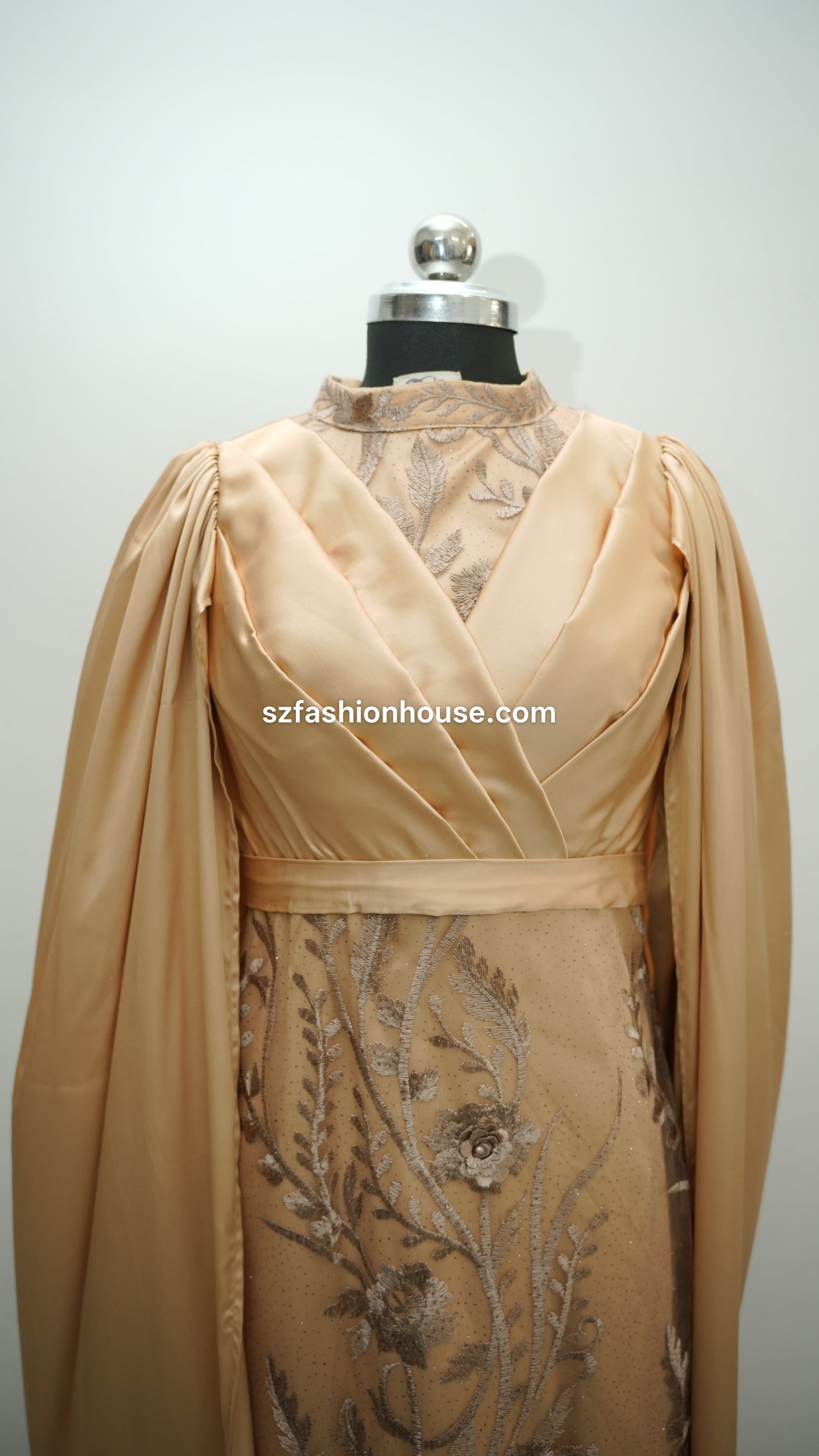 cream designer gown, embroidered cape gown, luxury evening gown, satin designer dress, formal gown for women, reception wear gown, engagement party dress, elegant cream gown, floral embroidered gown, wedding guest dress India, premium designer gown, modest luxury gown, cape sleeve gown, party wear gown for women, S&Z Fashion House gown, designer evening wear India,
modest wear, modest, modest fashion