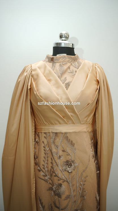cream designer gown, embroidered cape gown, luxury evening gown, satin designer dress, formal gown for women, reception wear gown, engagement party dress, elegant cream gown, floral embroidered gown, wedding guest dress India, premium designer gown, modest luxury gown, cape sleeve gown, party wear gown for women, S&Z Fashion House gown, designer evening wear India,
modest wear, modest, modest fashion