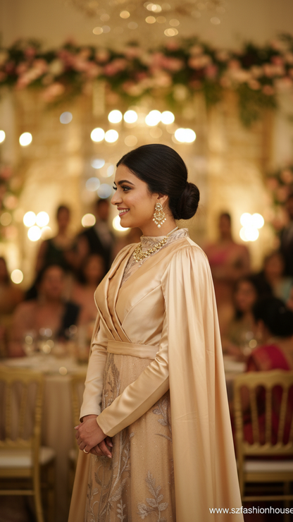 Woman in a beige traditional outfit with floral decorations and people in the background