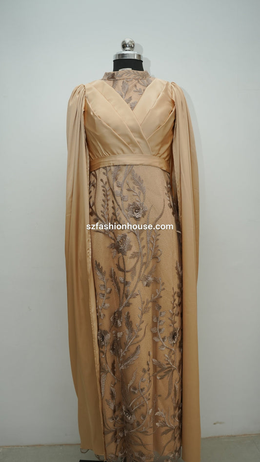 cream designer gown, embroidered cape gown, luxury evening gown, satin designer dress, formal gown for women, reception wear gown, engagement party dress, elegant cream gown, floral embroidered gown, wedding guest dress India, premium designer gown, modest luxury gown, cape sleeve gown, party wear gown for women, S&Z Fashion House gown, designer evening wear India,
modest wear, modest, modest collection, modest dress