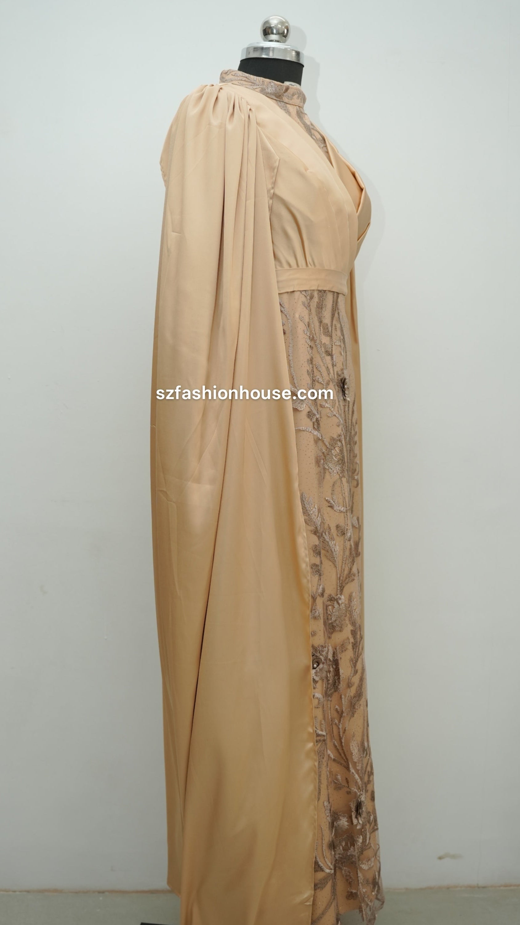 cream designer gown, embroidered cape gown, luxury evening gown, satin designer dress, formal gown for women, reception wear gown, engagement party dress, elegant cream gown, floral embroidered gown, wedding guest dress India, premium designer gown, modest luxury gown, cape sleeve gown, party wear gown for women, S&Z Fashion House gown, designer evening wear India,
modest wear, modest, modest collection, modest dress