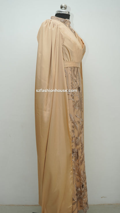 cream designer gown, embroidered cape gown, luxury evening gown, satin designer dress, formal gown for women, reception wear gown, engagement party dress, elegant cream gown, floral embroidered gown, wedding guest dress India, premium designer gown, modest luxury gown, cape sleeve gown, party wear gown for women, S&Z Fashion House gown, designer evening wear India,
modest wear, modest, modest collection, modest dress