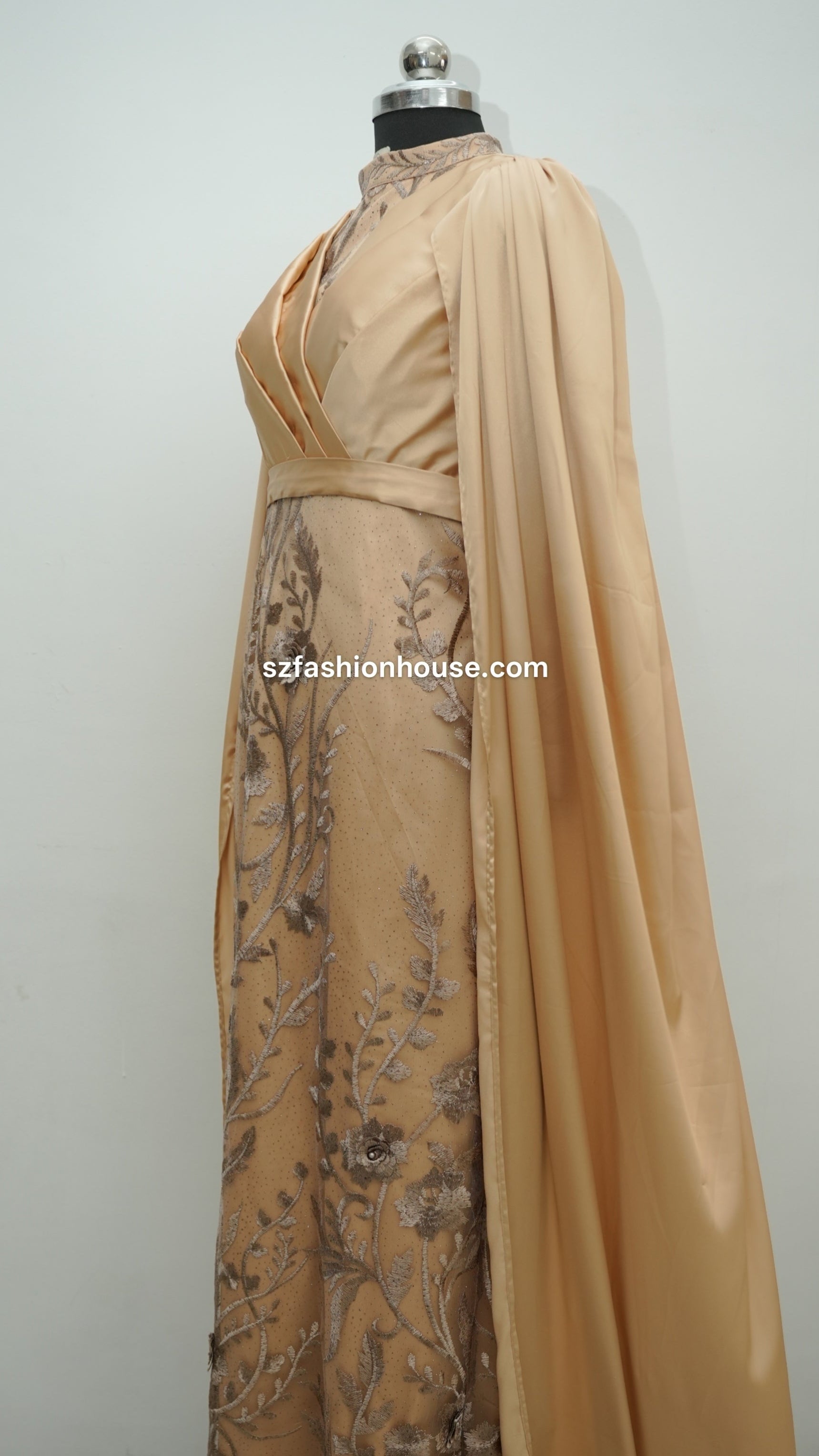 cream designer gown, embroidered cape gown, luxury evening gown, satin designer dress, formal gown for women, reception wear gown, engagement party dress, elegant cream gown, floral embroidered gown, wedding guest dress India, premium designer gown, modest luxury gown, cape sleeve gown, party wear gown for women, S&Z Fashion House gown, designer evening wear India,
modest wear, modest, modest collection, modest dress