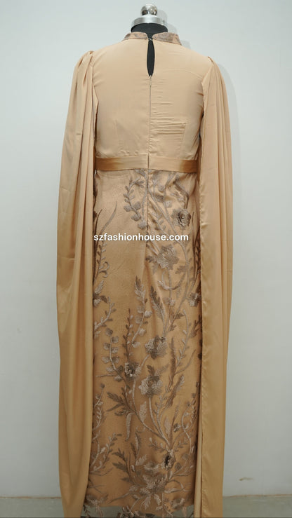 cream designer gown, embroidered cape gown, luxury evening gown, satin designer dress, formal gown for women, reception wear gown, engagement party dress, elegant cream gown, floral embroidered gown, wedding guest dress India, premium designer gown, modest luxury gown, cape sleeve gown, party wear gown for women, S&Z Fashion House gown, designer evening wear India,
modest wear, modest, modest collection, modest dress
