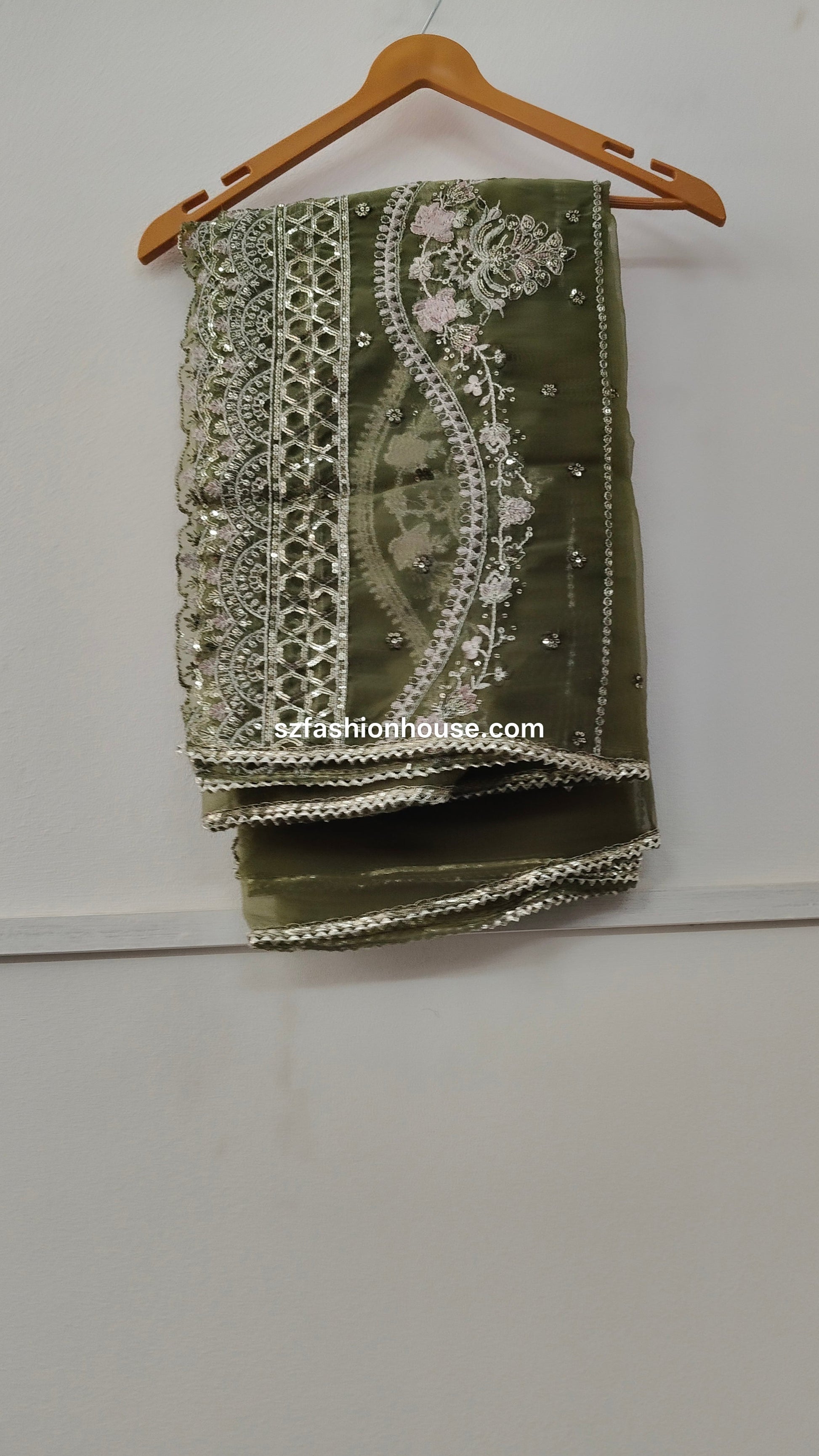 Green embroidered fabric 