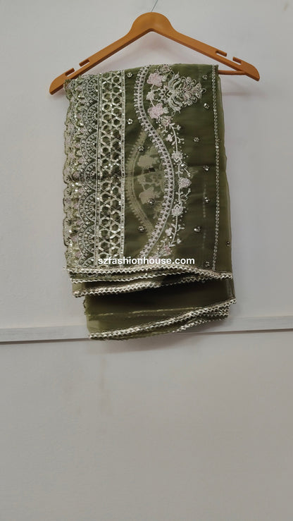 Green embroidered fabric 