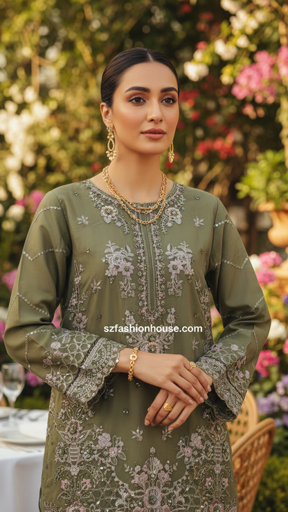 Woman in a green embroidered dress standing outdoors with flowers and tables in the background. Green embroidered outfit with dupatta 