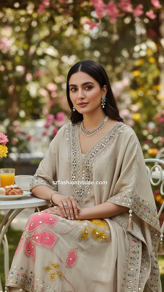 Woman in a traditional outfit with floral decorations sitting outdoors. Traditional outfit with embroidered top and sharara patterned pant