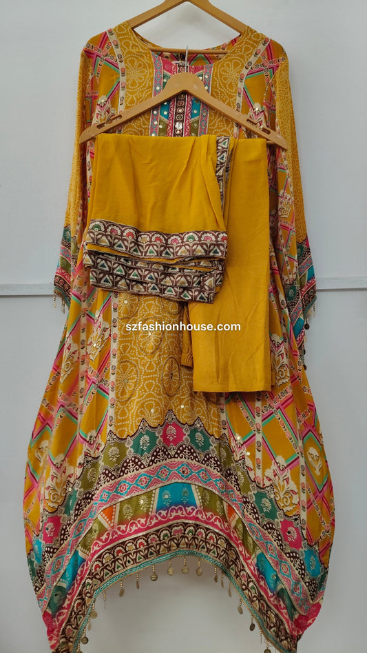 Traditional outfit with a yellow top , pant and dupatta