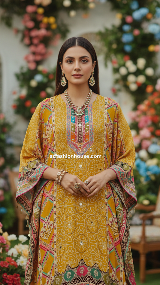 Woman in a yellow embroidered traditional outfit with floral decorations in the background. Traditional outfit with a yellow top , pant and dupatta